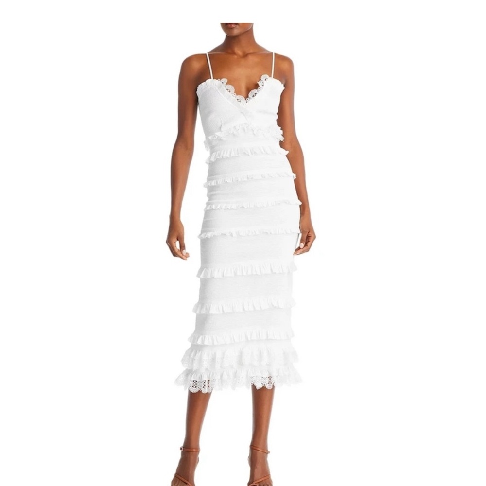 V. Chapman | White Ruffled Lace Midi Dress